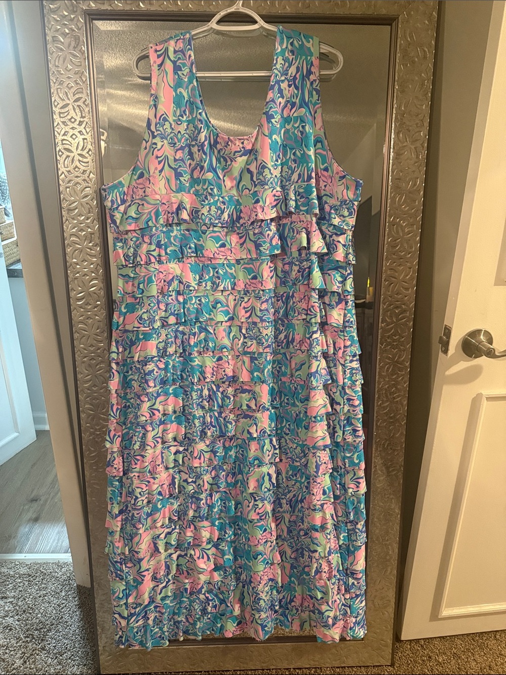 Pink, Teal & Blue Swirl Sleeveless Ruffle Maxi Dress